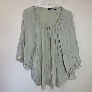 Investments II Womens 3X Sage Green Viscose Peasant Blouse Lace Bell Sleeve Boho